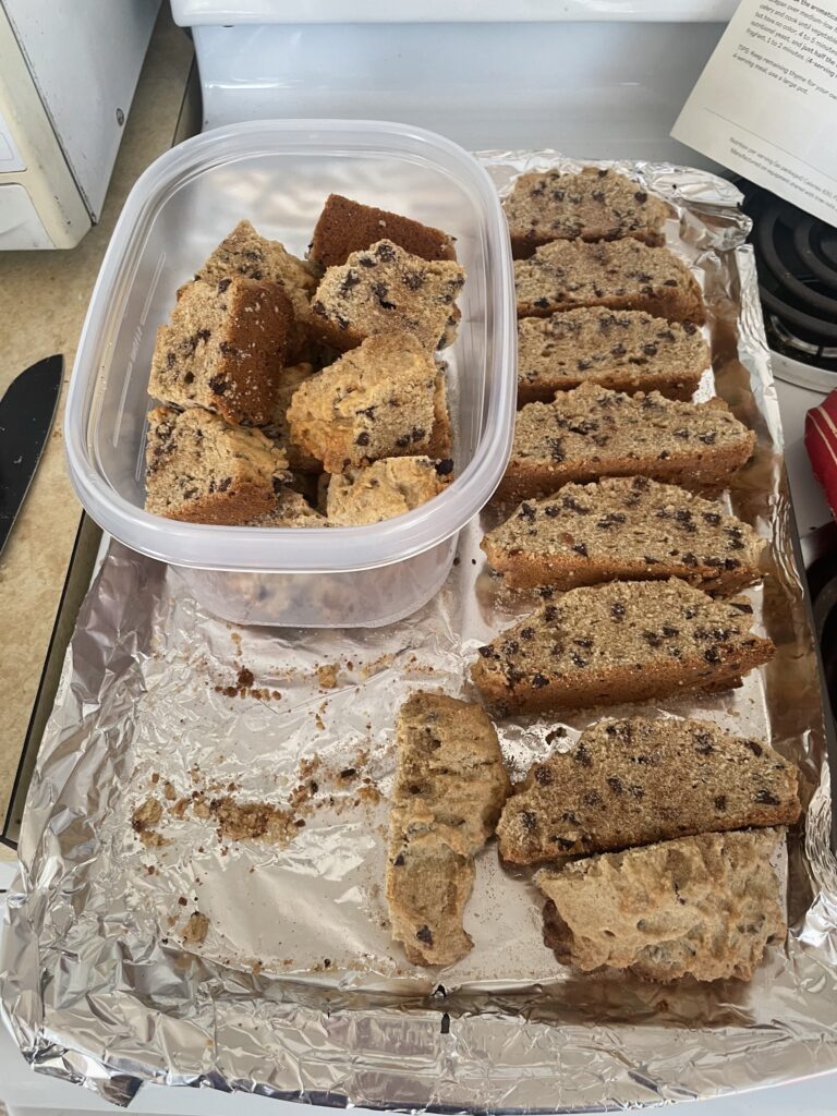 A loaf of chopped chocolate chip mandel bread baked by the author/