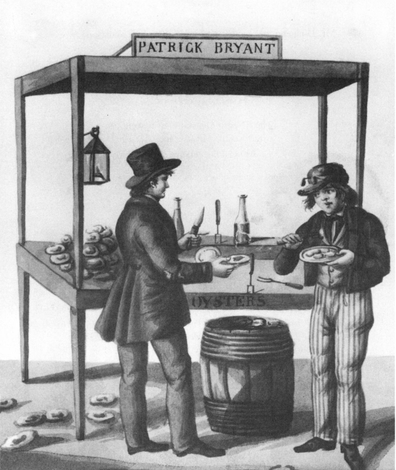 a greyscale watercolor image of two men in 1850s clothing shucking and eating oysters by an oyster stand, with stray shells scattered on the ground behind them.